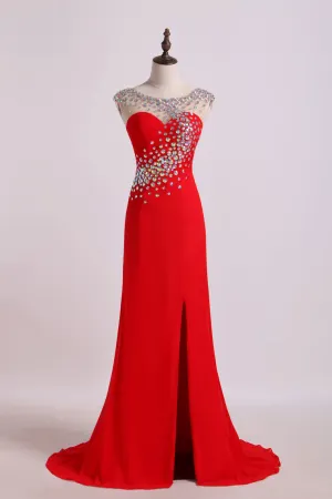 2024 Scoop Column Prom Dresses With Rhinestone Chiffon