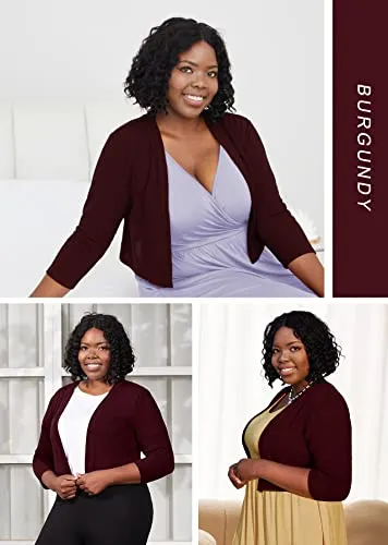 AusLook Bolero Plus Size 3/4 Sleeve Christmas Cardigan for Women Burgundy 2X Lightweight Tops Open Front Knit Cropped Bolero Shrug Sweater Coat for Summer Evening dresses