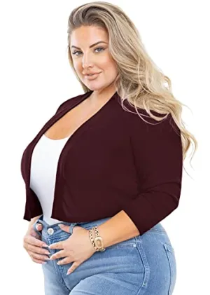 AusLook Bolero Plus Size 3/4 Sleeve Christmas Cardigan for Women Burgundy 2X Lightweight Tops Open Front Knit Cropped Bolero Shrug Sweater Coat for Summer Evening dresses