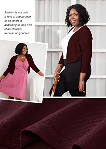 AusLook Bolero Plus Size 3/4 Sleeve Christmas Cardigan for Women Burgundy 2X Lightweight Tops Open Front Knit Cropped Bolero Shrug Sweater Coat for Summer Evening dresses