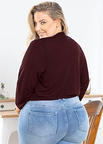 AusLook Bolero Plus Size 3/4 Sleeve Christmas Cardigan for Women Burgundy 2X Lightweight Tops Open Front Knit Cropped Bolero Shrug Sweater Coat for Summer Evening dresses