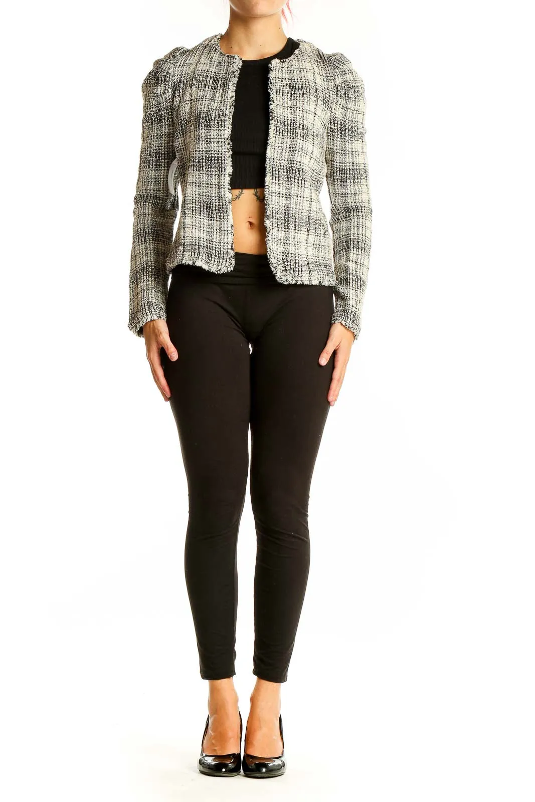 Black and White Plaid Tweed Cropped Jacket