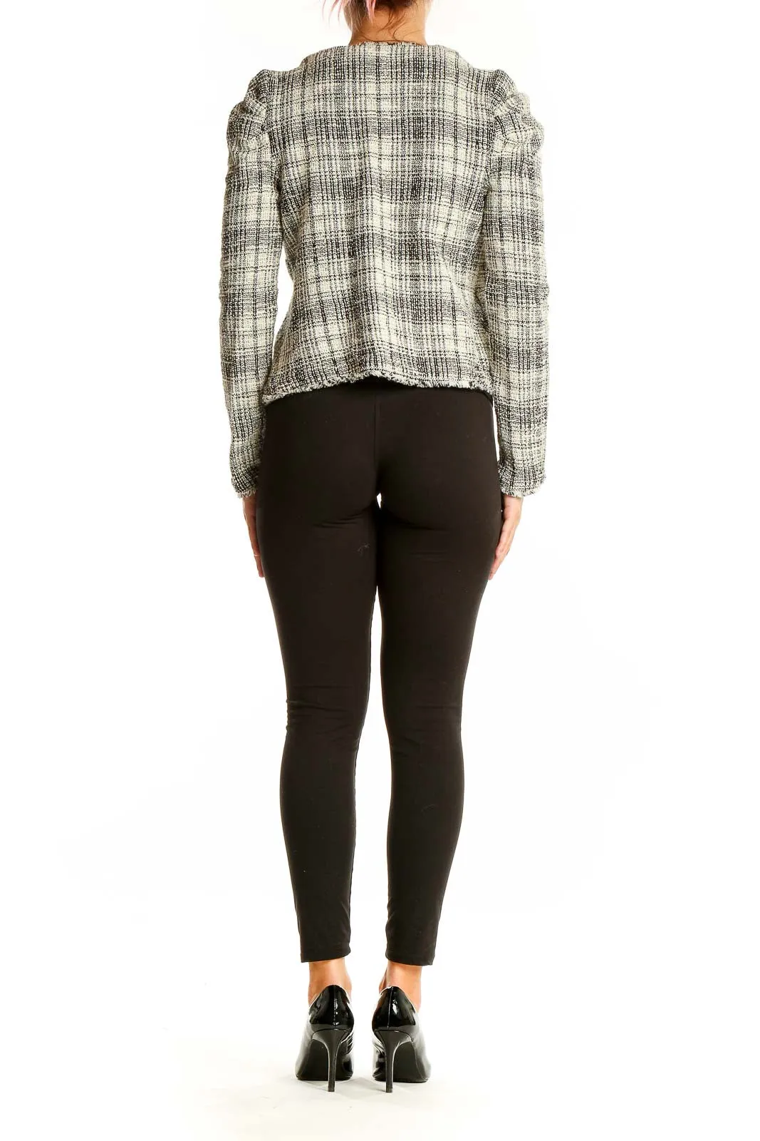 Black and White Plaid Tweed Cropped Jacket
