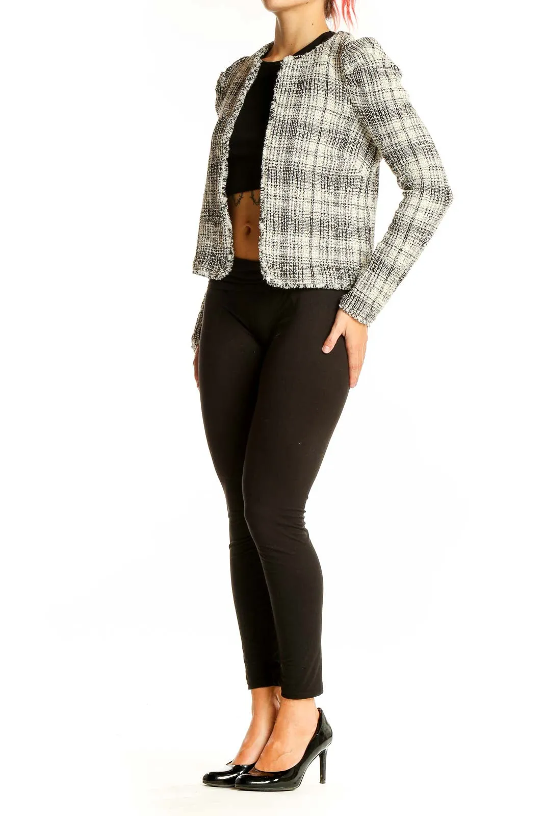Black and White Plaid Tweed Cropped Jacket