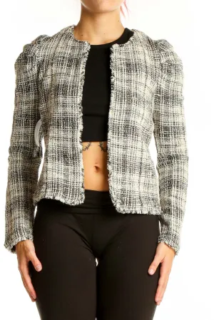 Black and White Plaid Tweed Cropped Jacket