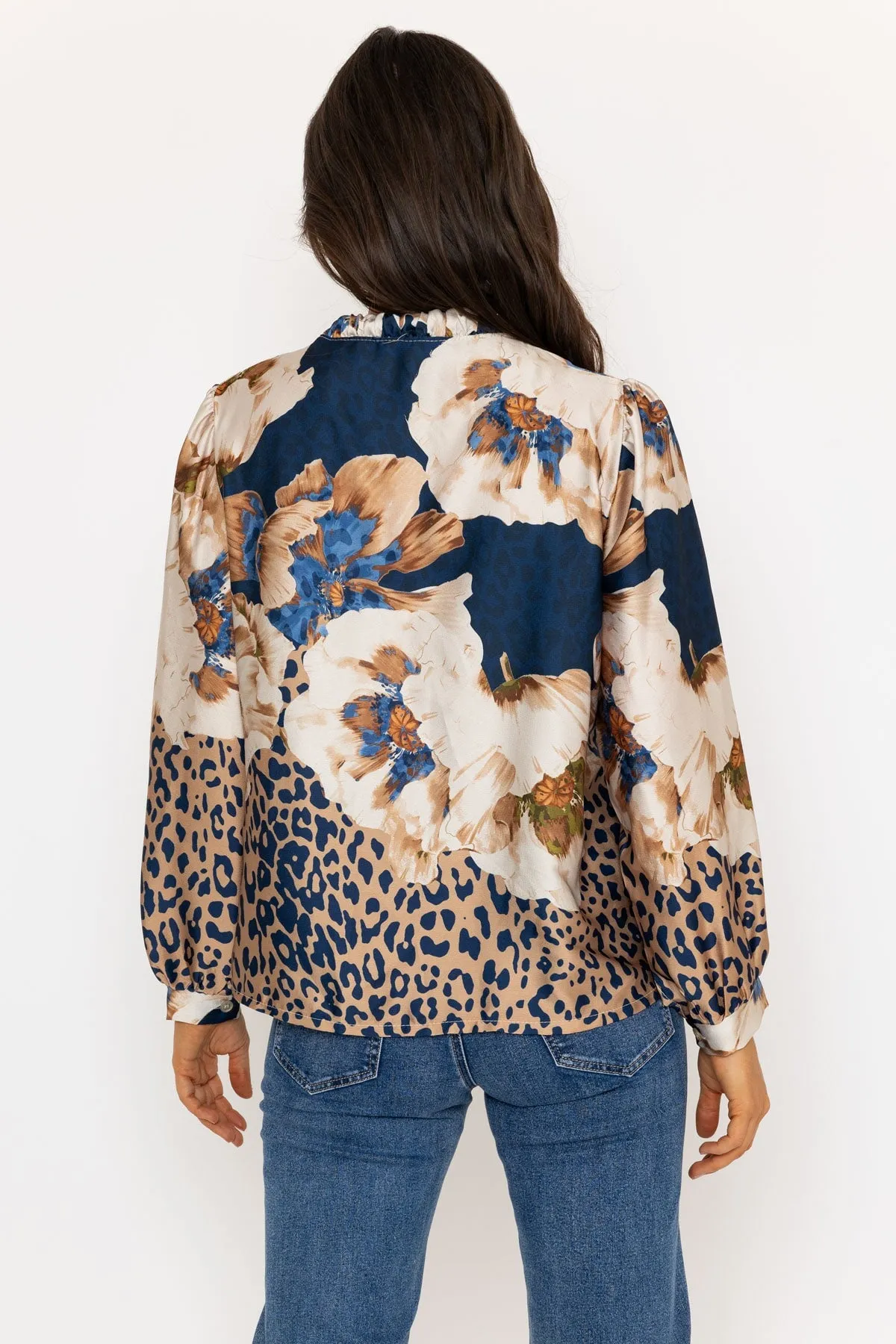 Blue Print Tie Neck Sateen Blouse