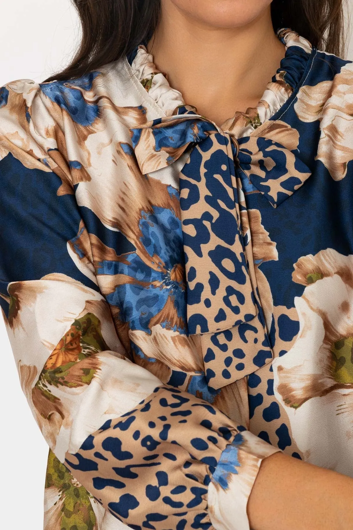 Blue Print Tie Neck Sateen Blouse