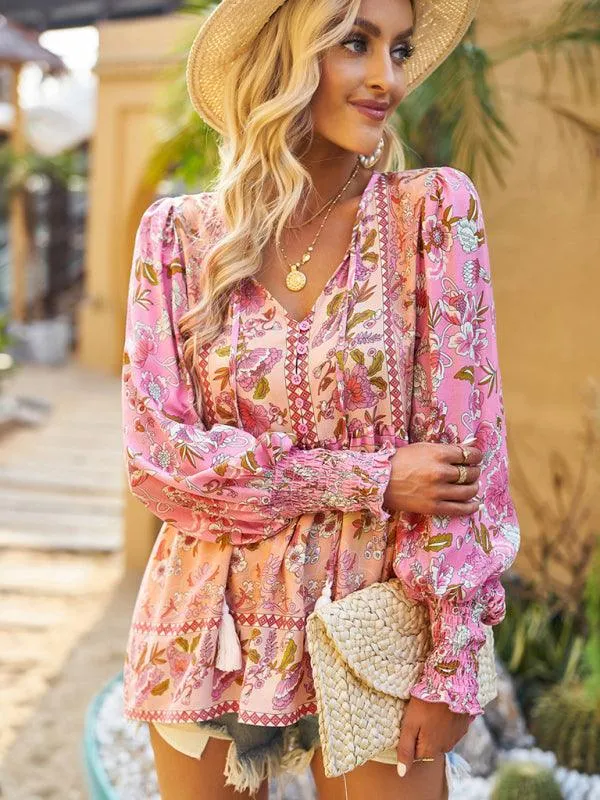 Bohemian Floral Print Long-Sleeve Top