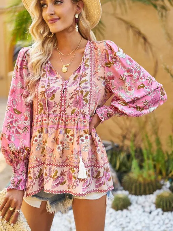 Bohemian Floral Print Long-Sleeve Top