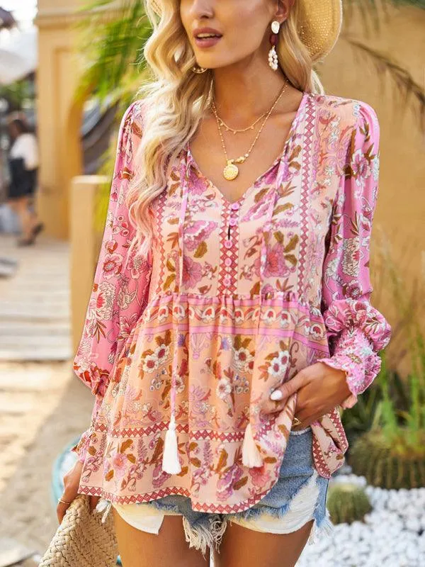 Bohemian Floral Print Long-Sleeve Top