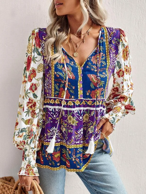 Bohemian Floral Print Long-Sleeve Top