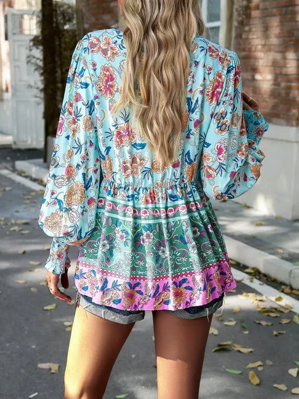 Bohemian Floral Print Long-Sleeve Top
