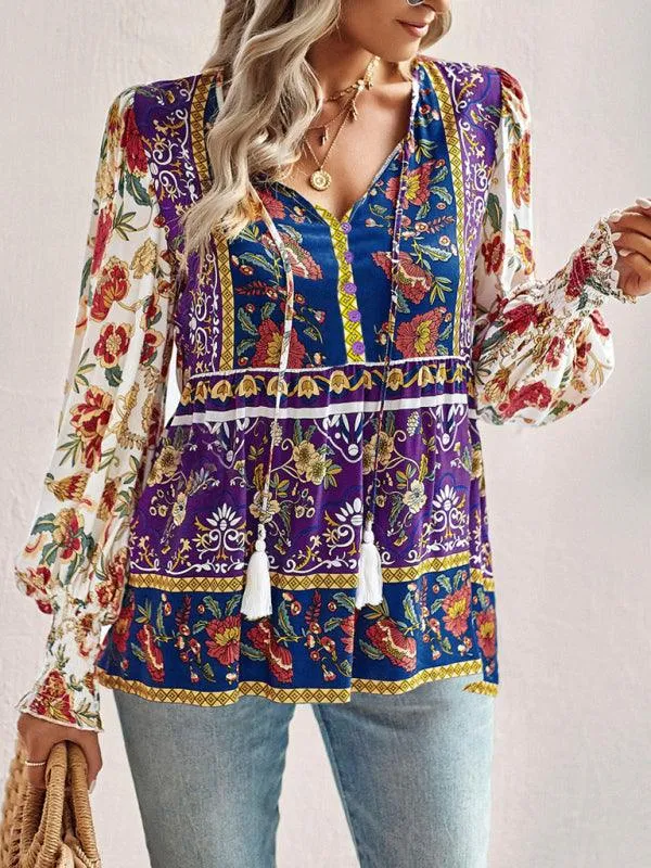 Bohemian Floral Print Long-Sleeve Top