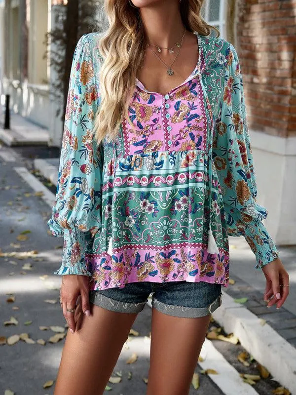 Bohemian Floral Print Long-Sleeve Top