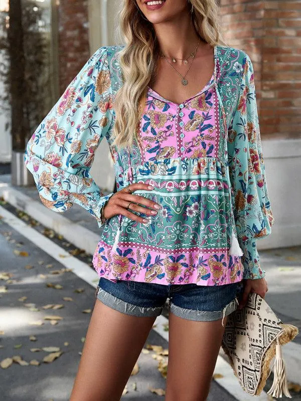 Bohemian Floral Print Long-Sleeve Top