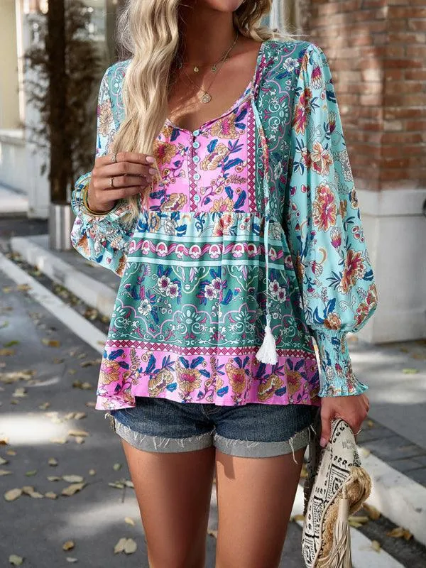 Bohemian Floral Print Long-Sleeve Top