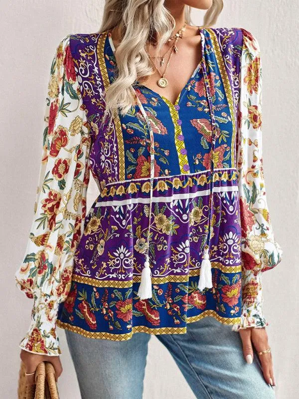 Bohemian Floral Print Long-Sleeve Top