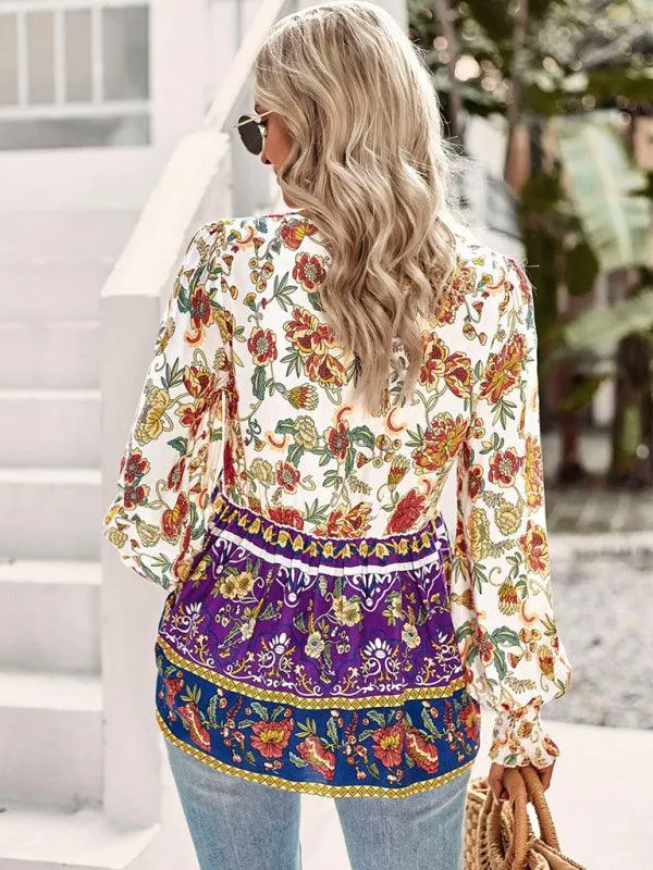 Bohemian Floral Print Long-Sleeve Top