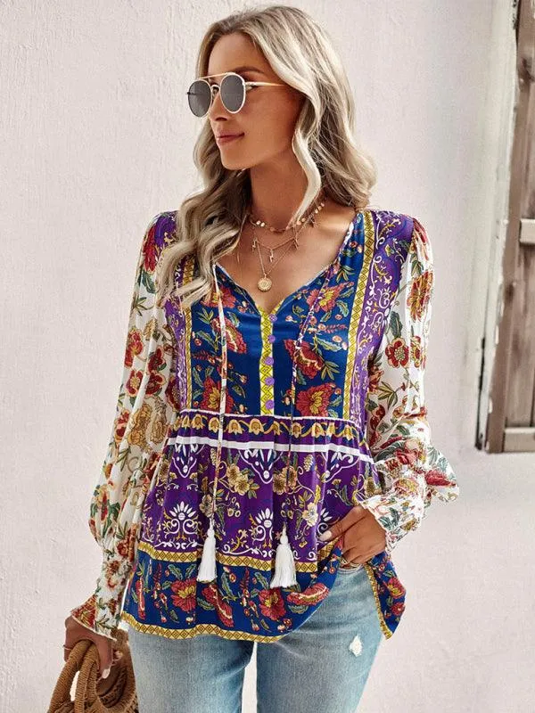 Bohemian Floral Print Long-Sleeve Top