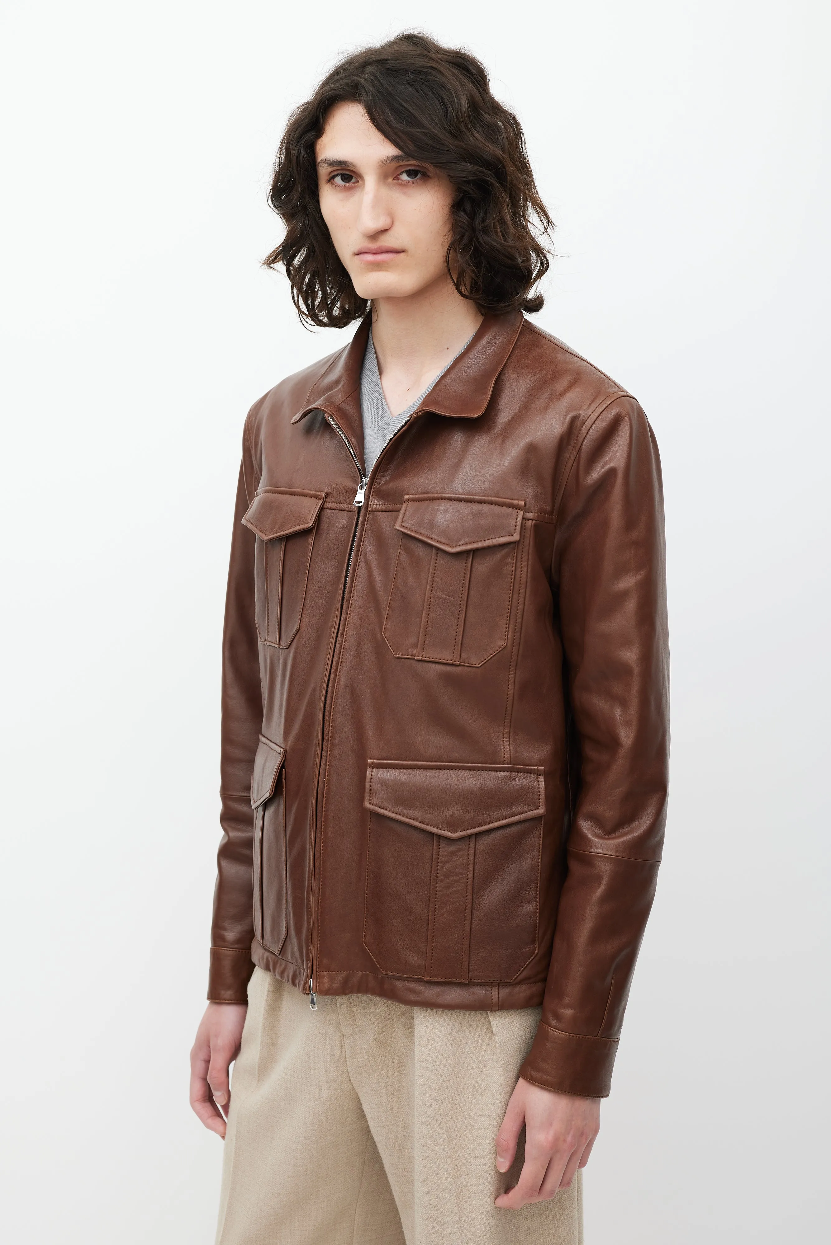 Brown Leather Four Pocket Zip Jacket