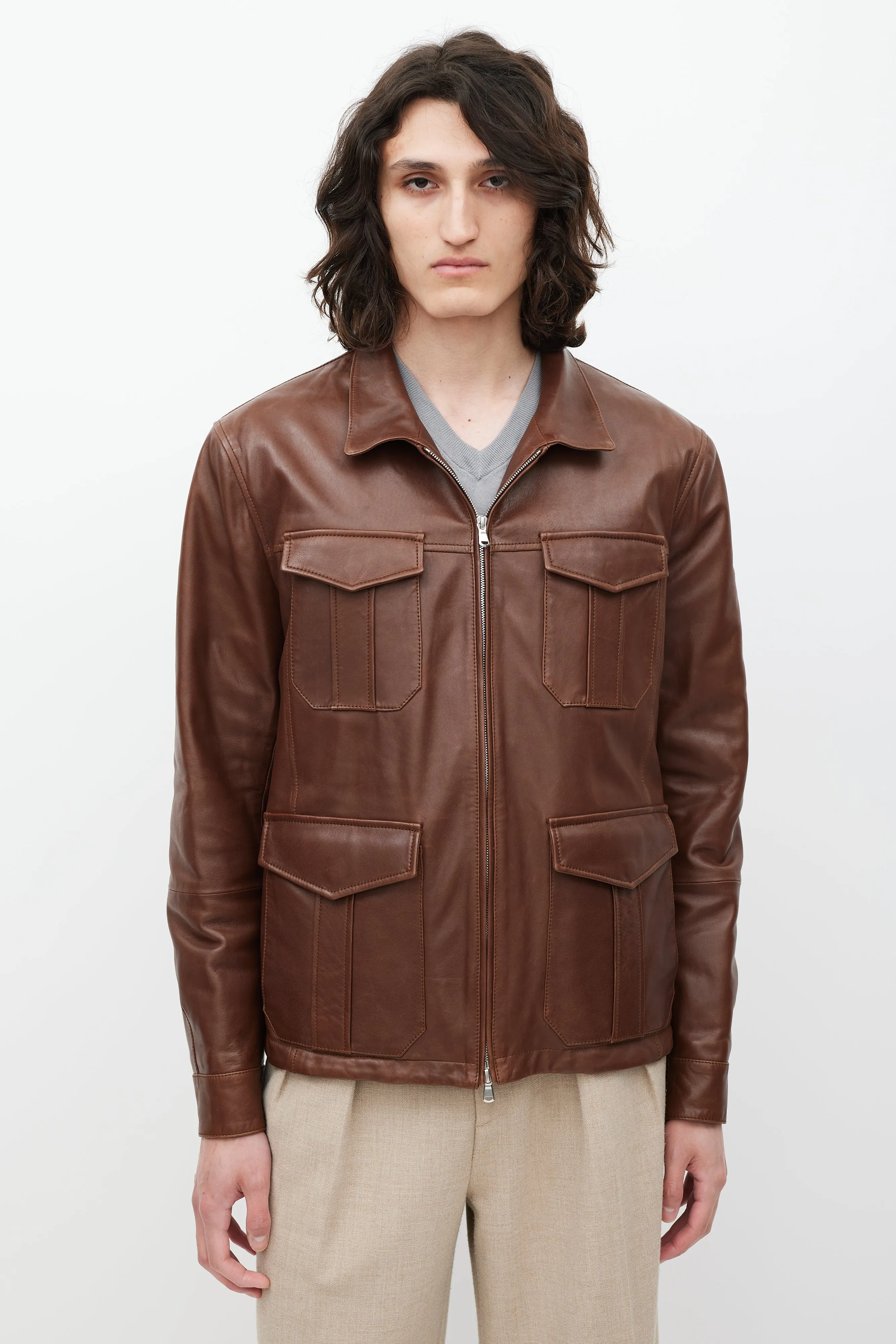 Brown Leather Four Pocket Zip Jacket