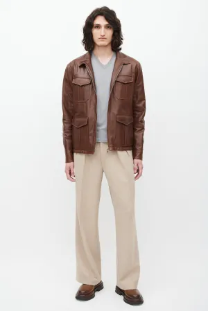 Brown Leather Four Pocket Zip Jacket