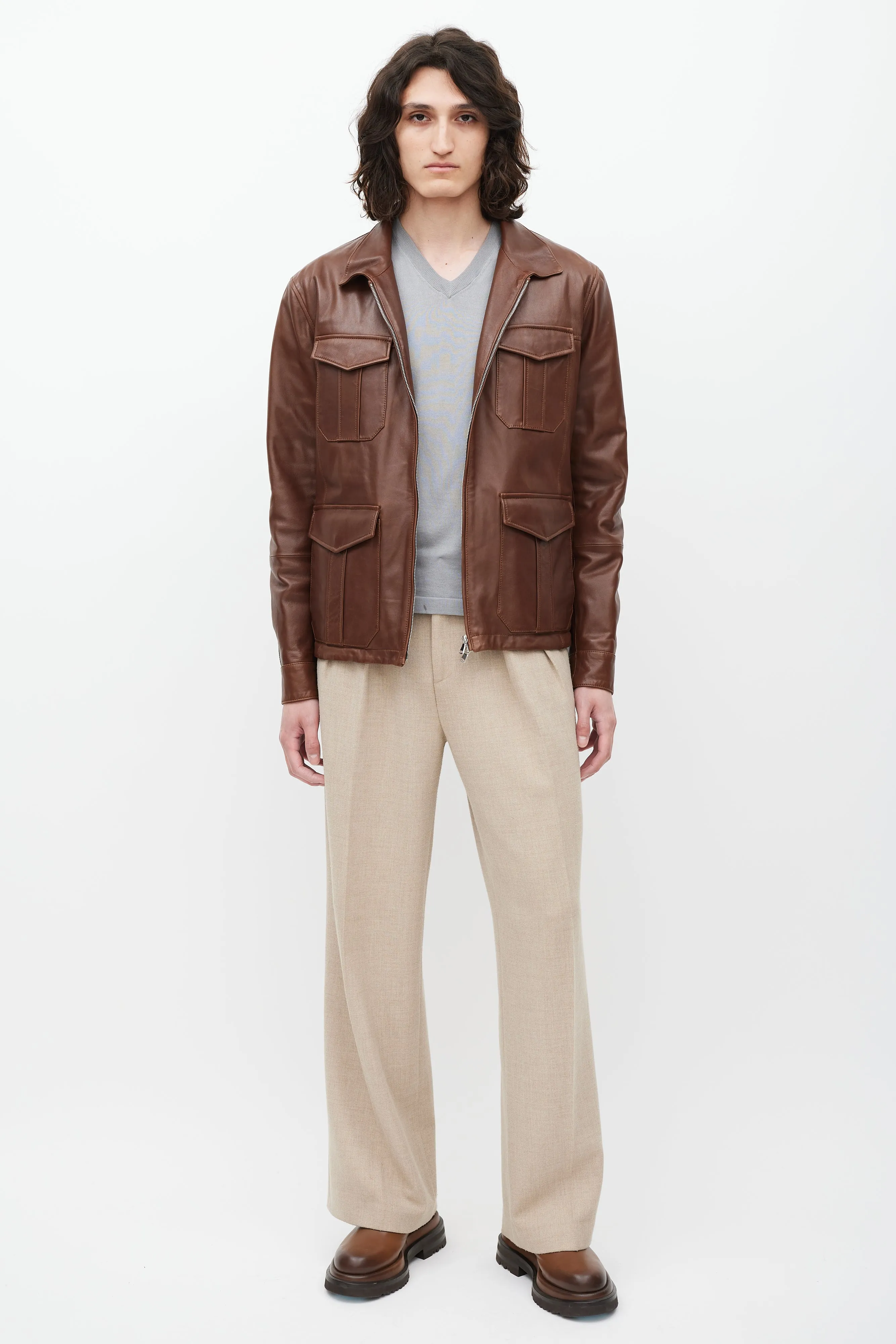 Brown Leather Four Pocket Zip Jacket