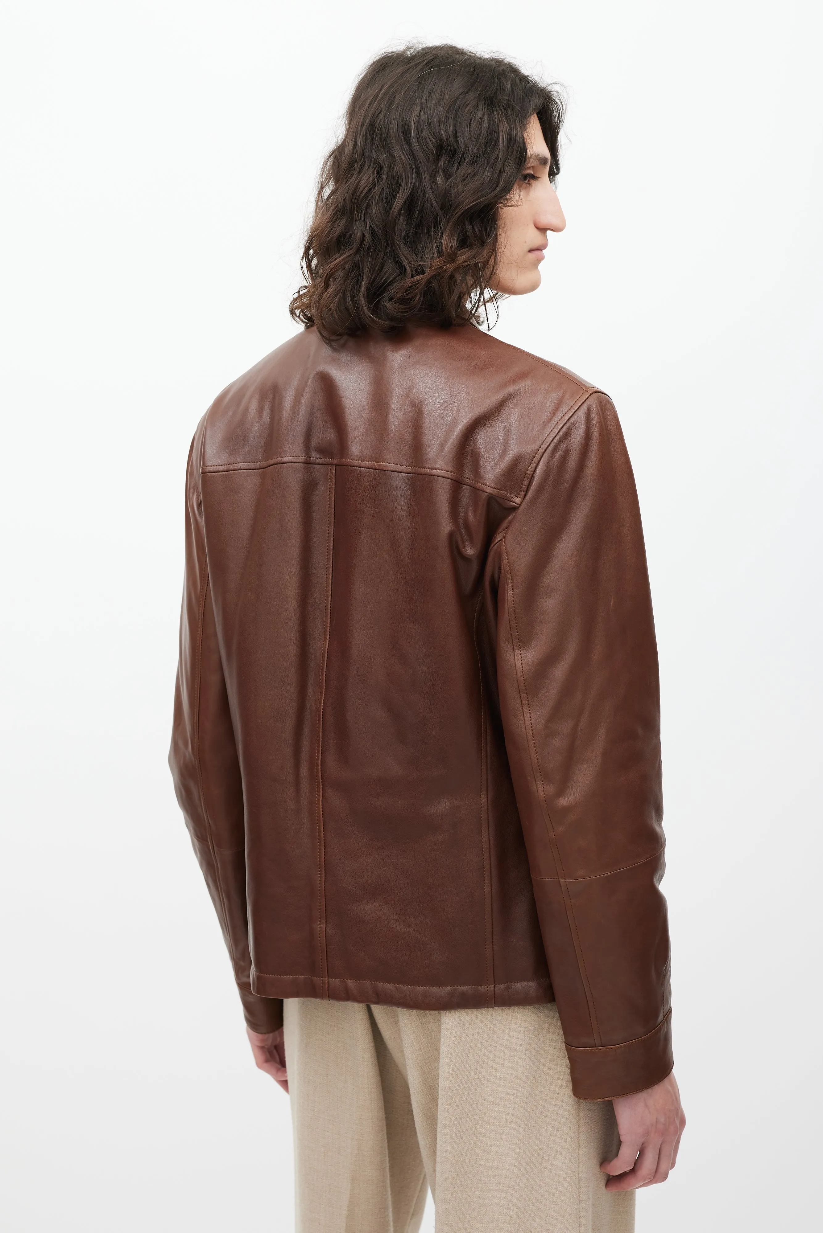 Brown Leather Four Pocket Zip Jacket