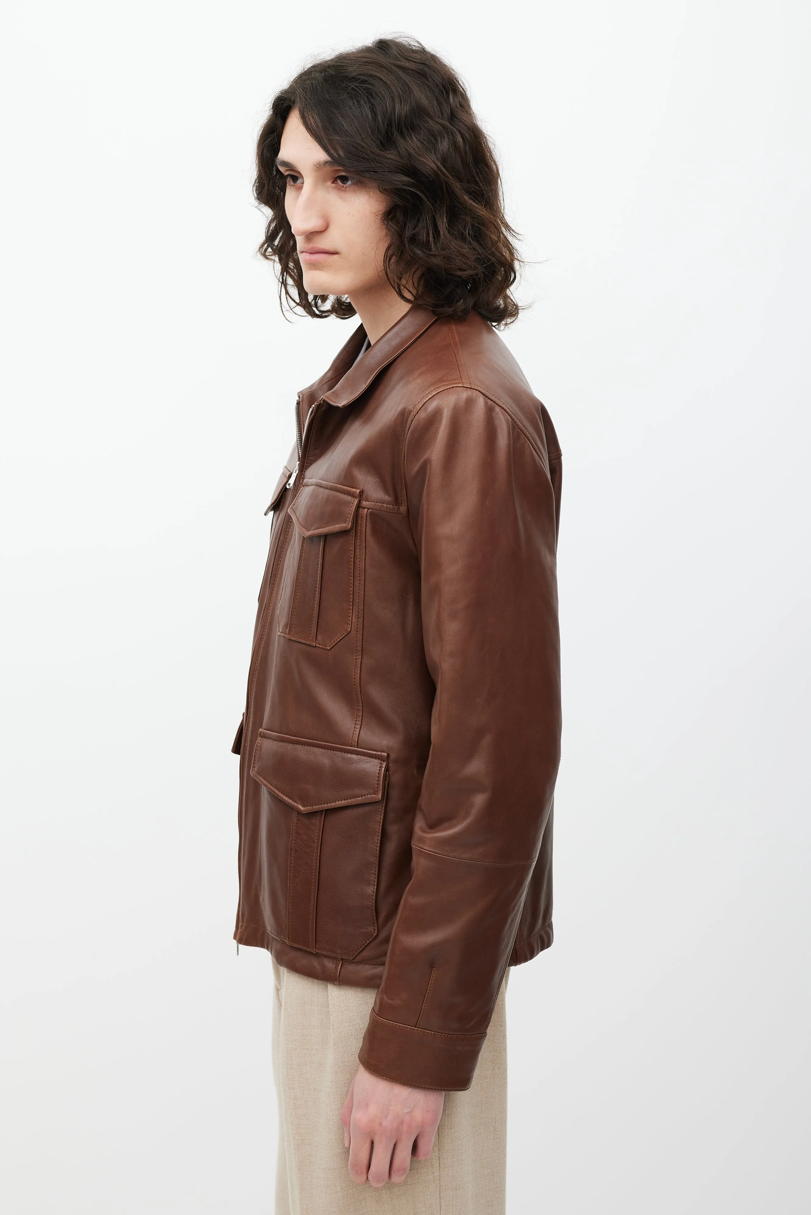 Brown Leather Four Pocket Zip Jacket
