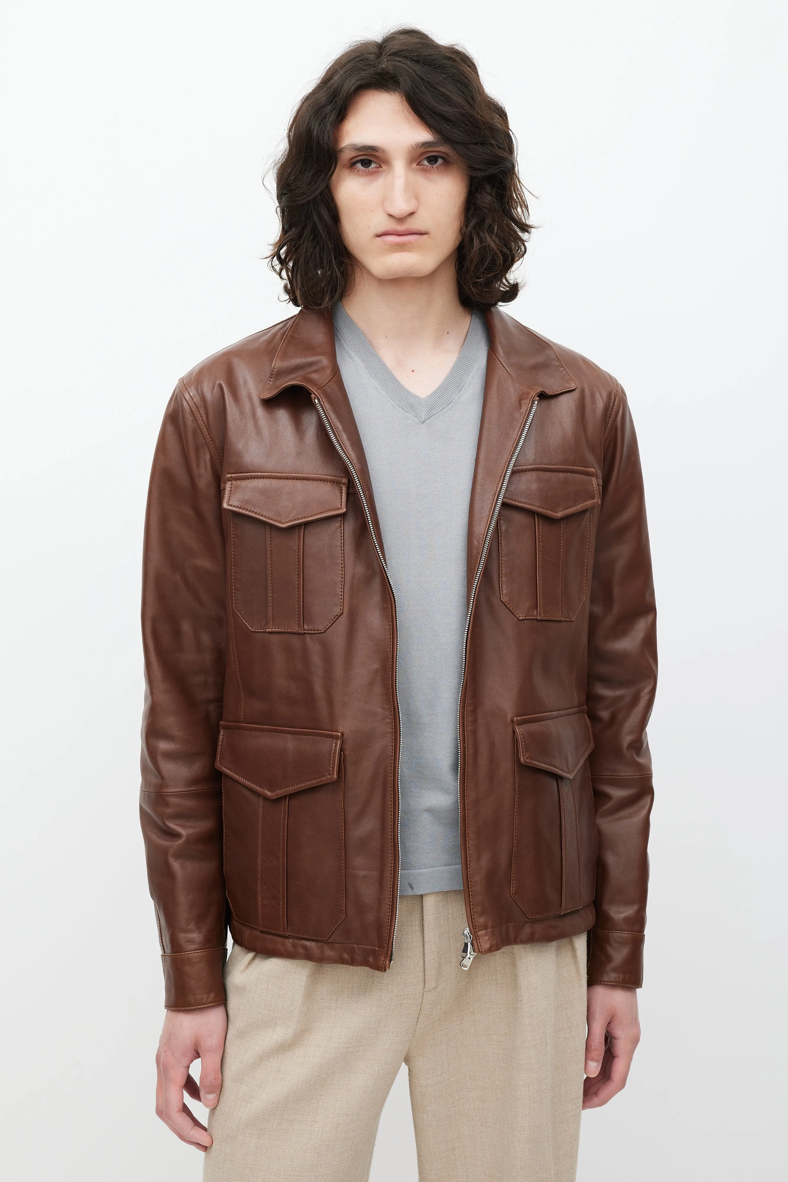 Brown Leather Four Pocket Zip Jacket