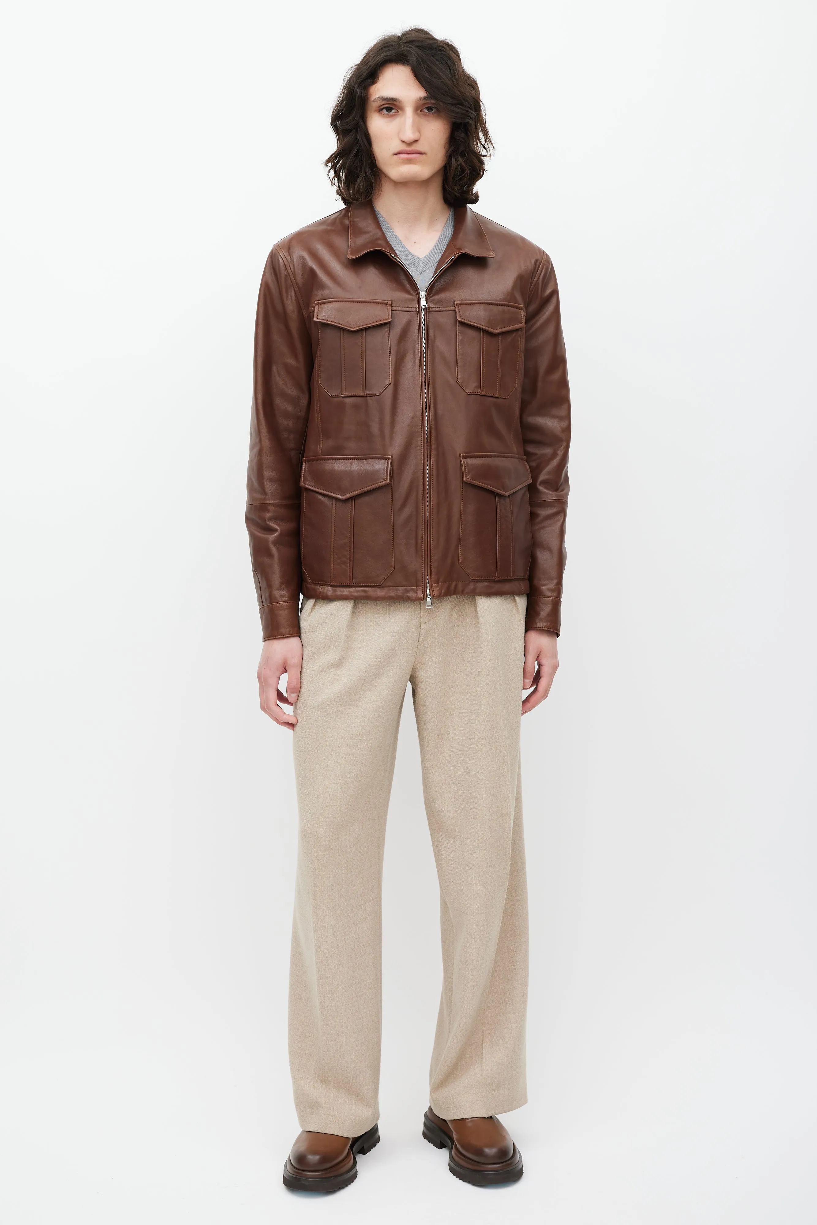 Brown Leather Four Pocket Zip Jacket
