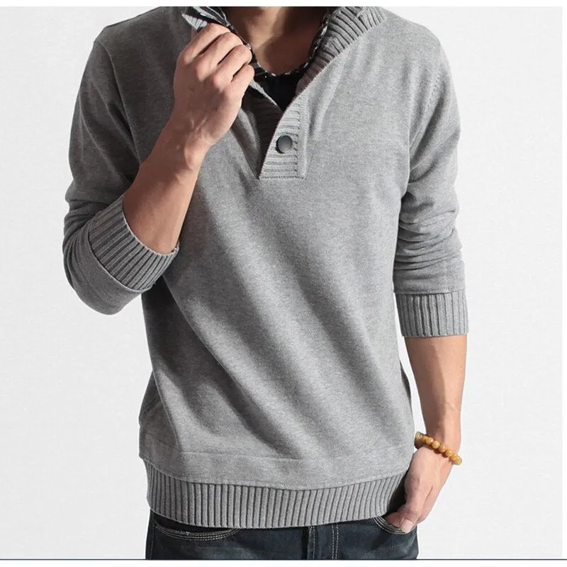 BROWON Men&#39;s Clothing Winter Solid Color Sweater Long Sleeve Fake Two Pieces Soft Handfeel Holiday Stylish Sweater Top Blouse
