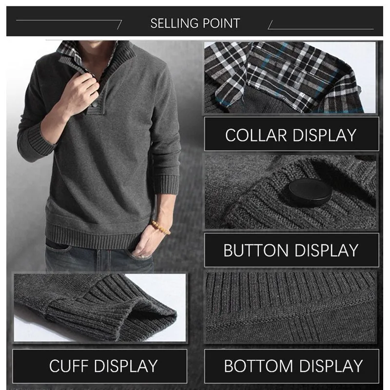 BROWON Men&#39;s Clothing Winter Solid Color Sweater Long Sleeve Fake Two Pieces Soft Handfeel Holiday Stylish Sweater Top Blouse