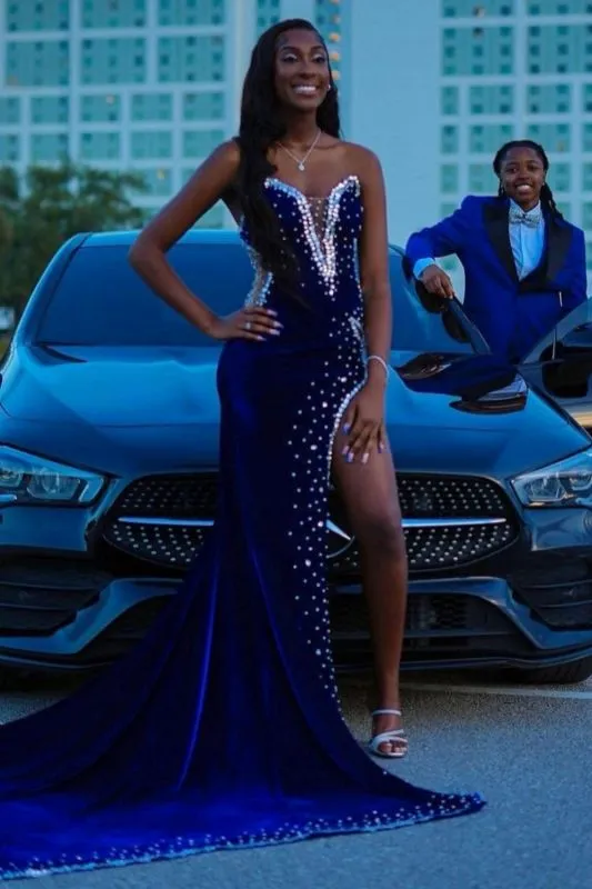Charming V-Neck Velvet Mermaid Prom Dress Beadings Side Slit Party Dress