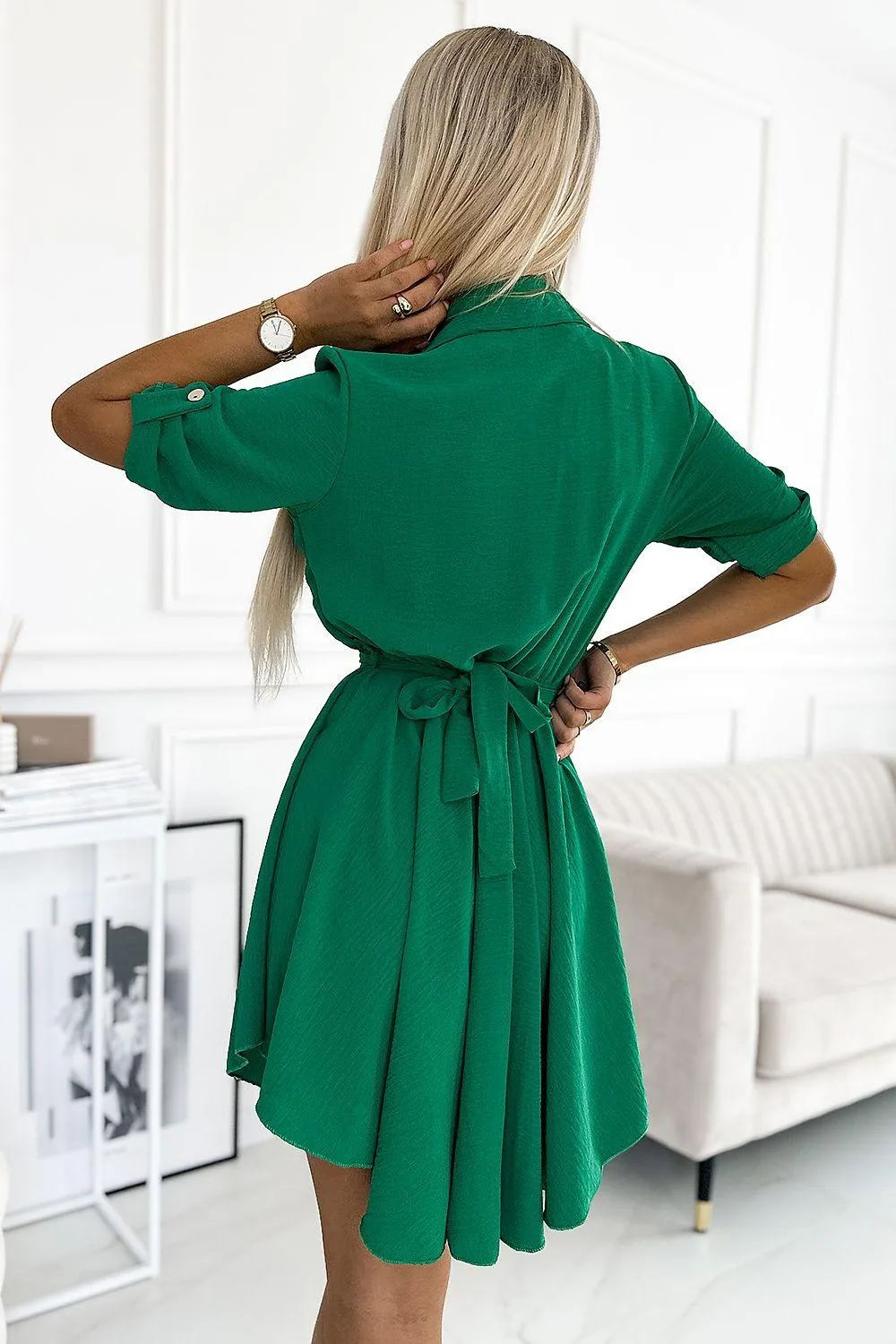 Chic Green Shirt Dress with Elegant Gold Belt - Numoco Collection