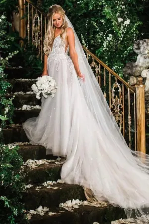 Elegant A Line Illusion Beads V Neck Tulle Long Backless Wedding Dresses, Prom Dresses