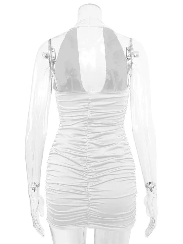 Elegant Backless V-Neck Pleated Mini Dress with Halter Neck for Women