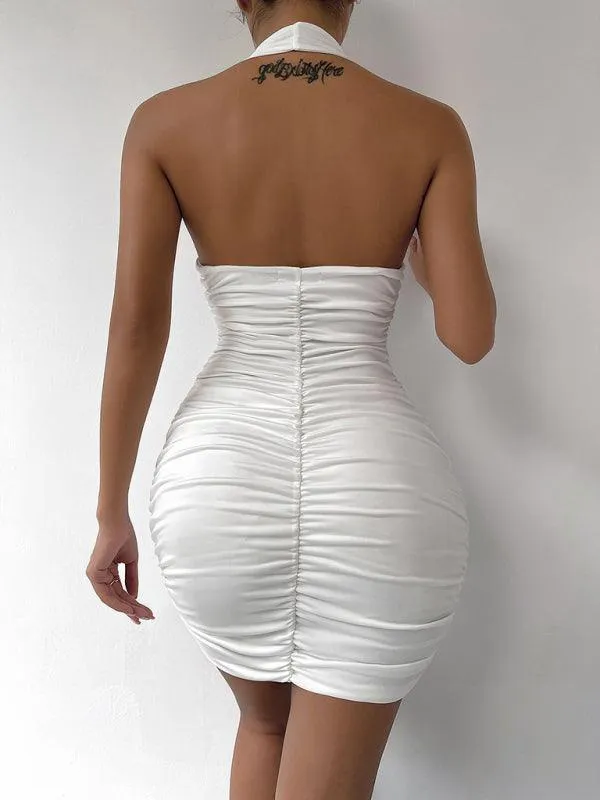 Elegant Backless V-Neck Pleated Mini Dress with Halter Neck for Women