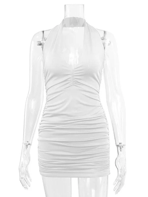 Elegant Backless V-Neck Pleated Mini Dress with Halter Neck for Women