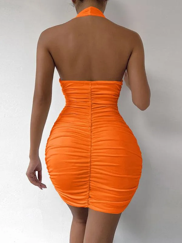Elegant Backless V-Neck Pleated Mini Dress with Halter Neck for Women