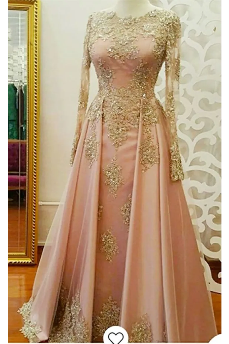 Elegant Long Sleeve Beads Appliques Long Prom Dresses, A Line Satin Evening Dresses