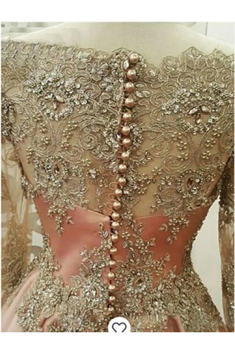 Elegant Long Sleeve Beads Appliques Long Prom Dresses, A Line Satin Evening Dresses