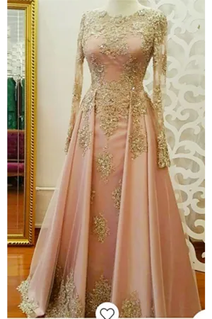 Elegant Long Sleeve Beads Appliques Long Prom Dresses, A Line Satin Evening Dresses