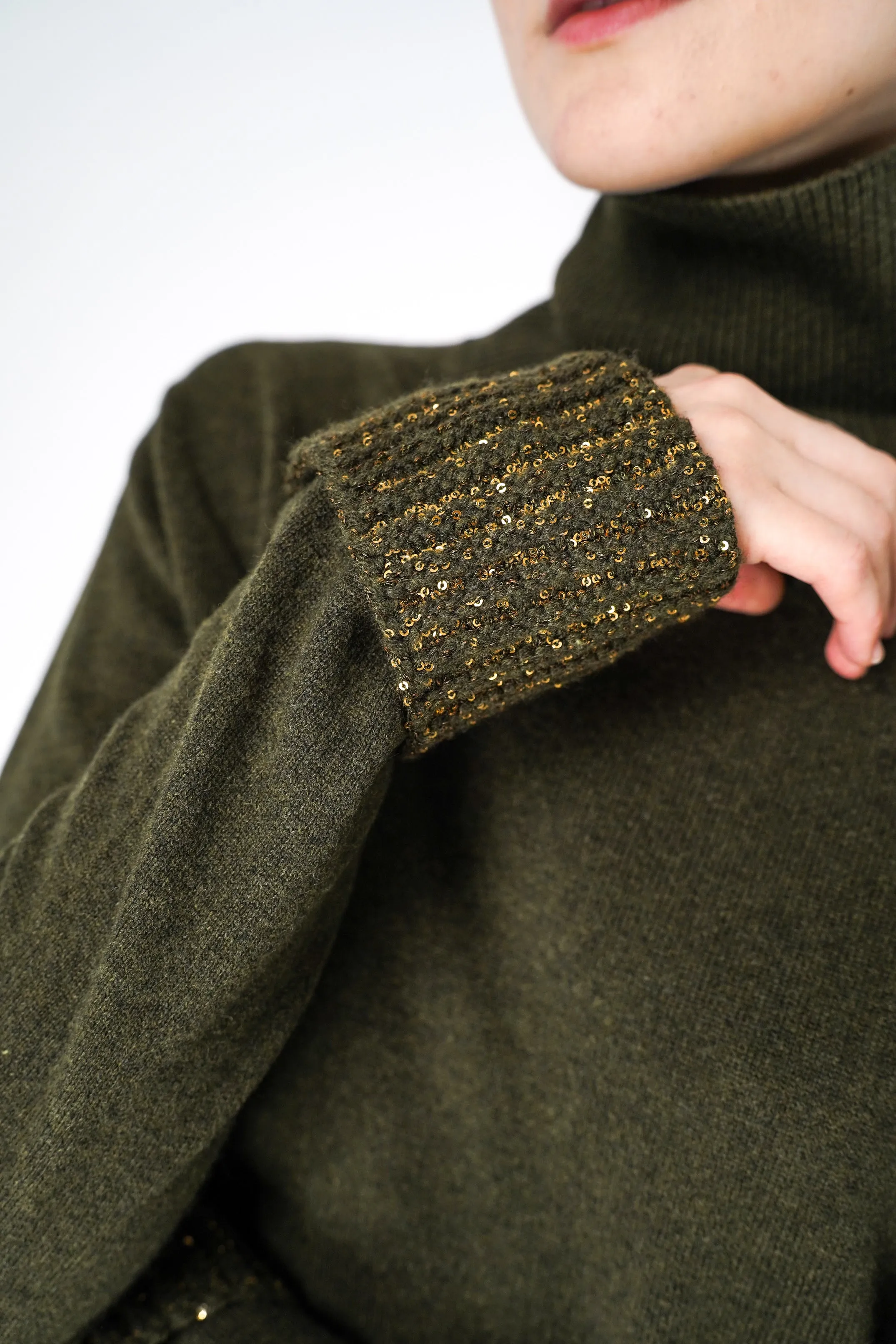 Fabiana Filippi Cashmere Blend Knitted Sweater with Up-Turned Sequined Cuffs in Loden Green