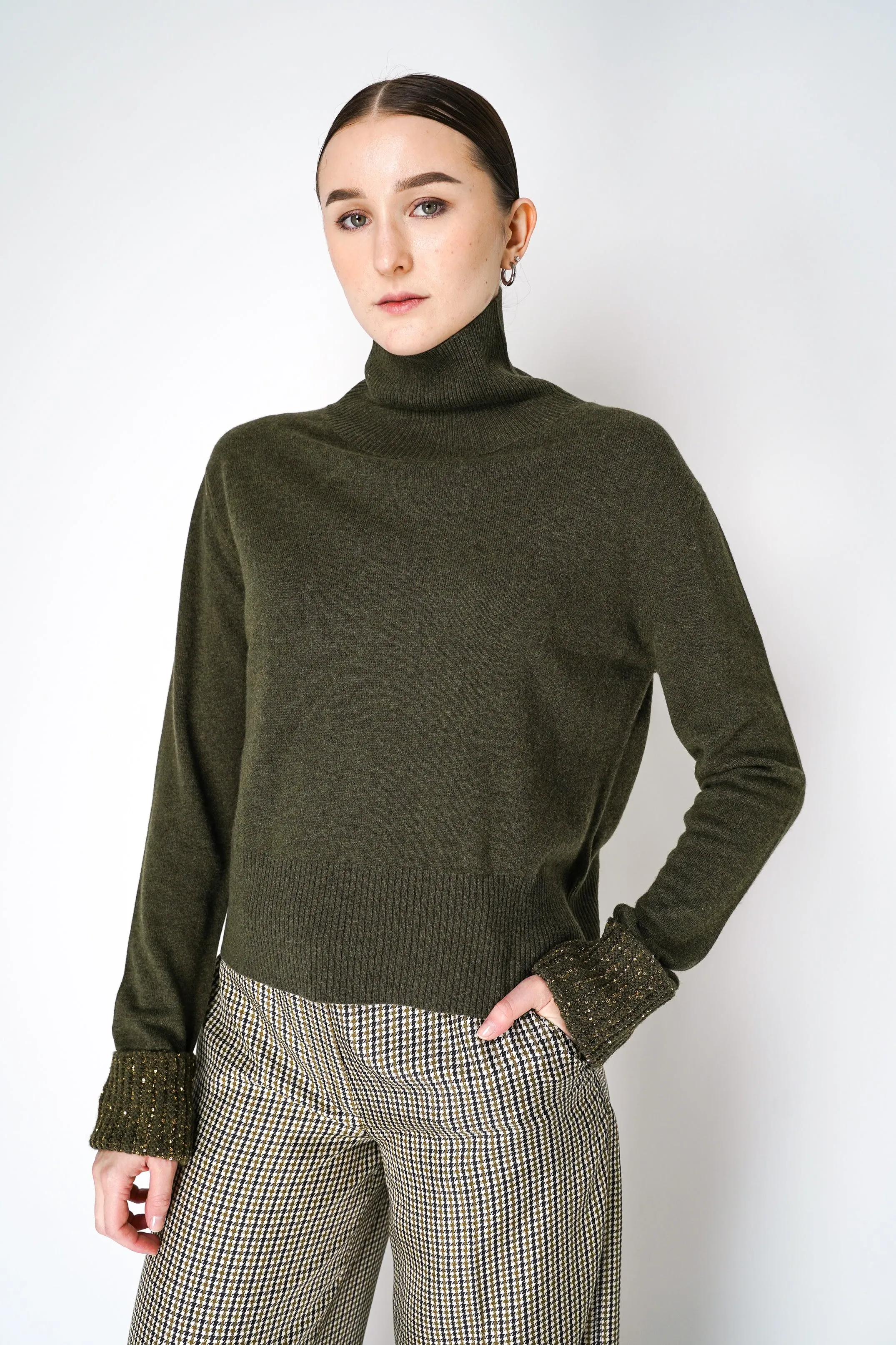 Fabiana Filippi Cashmere Blend Knitted Sweater with Up-Turned Sequined Cuffs in Loden Green