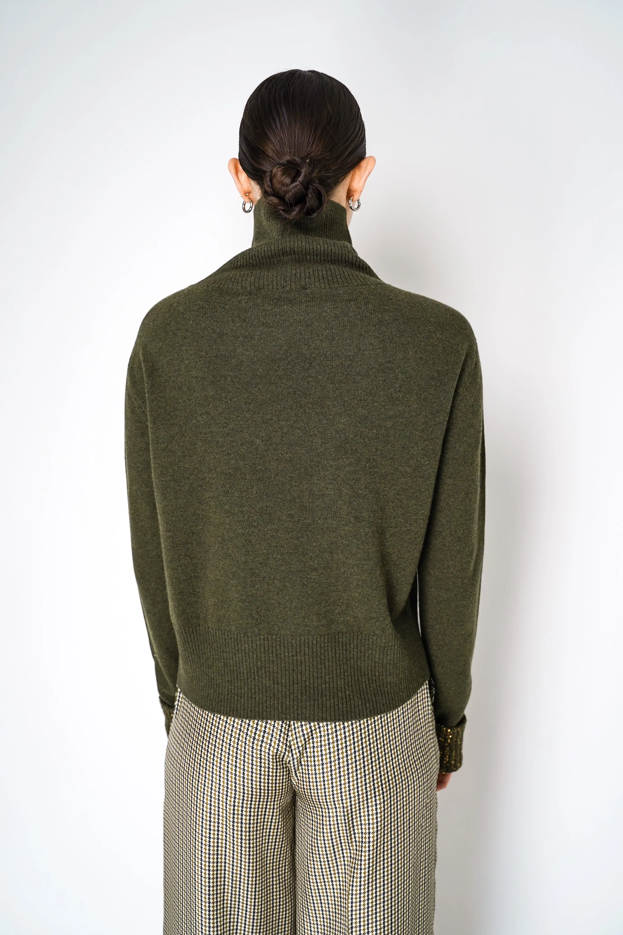 Fabiana Filippi Cashmere Blend Knitted Sweater with Up-Turned Sequined Cuffs in Loden Green
