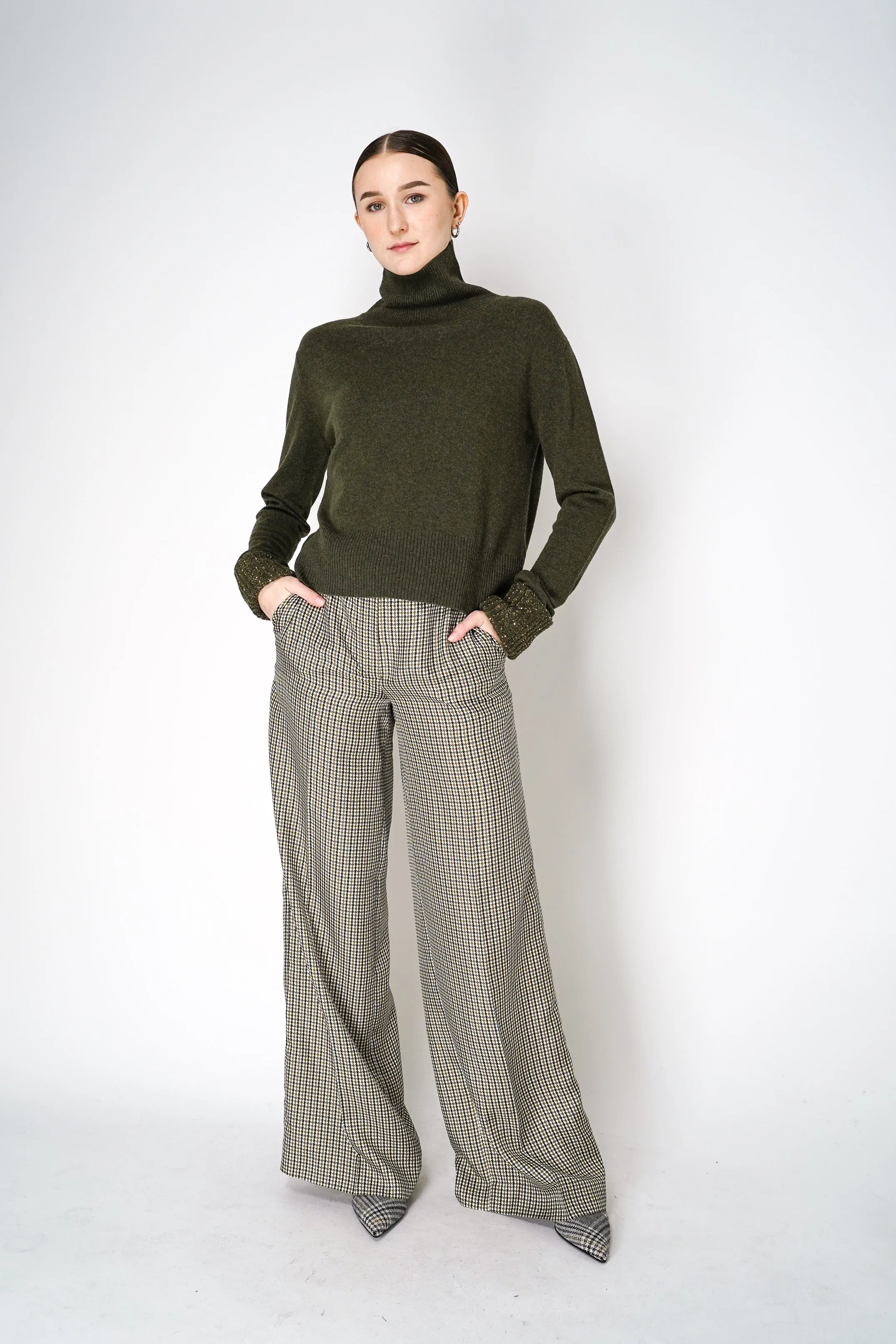 Fabiana Filippi Cashmere Blend Knitted Sweater with Up-Turned Sequined Cuffs in Loden Green