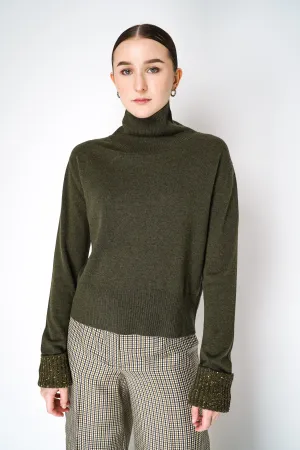 Fabiana Filippi Cashmere Blend Knitted Sweater with Up-Turned Sequined Cuffs in Loden Green