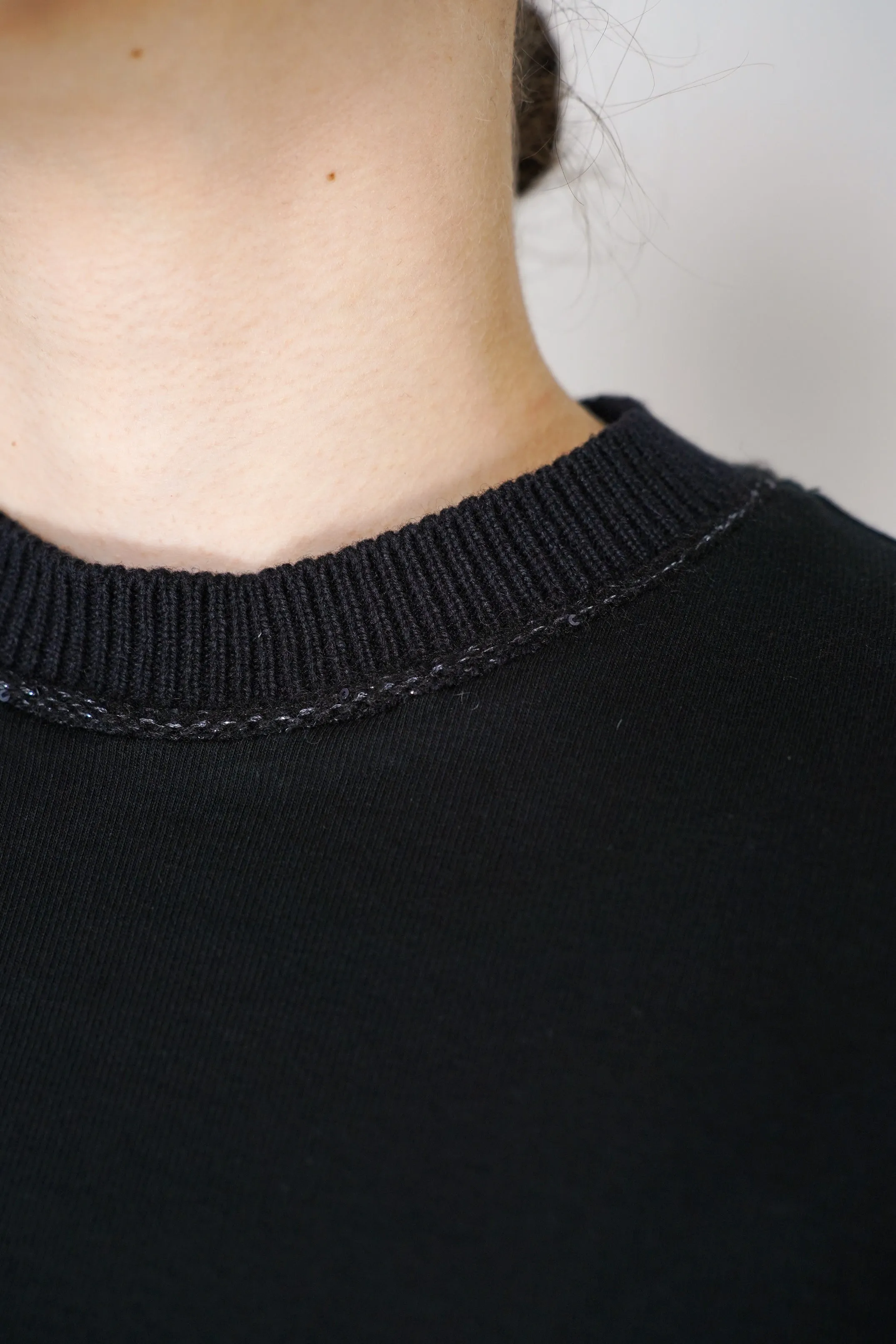 Fabiana Filippi Long Sleeve Jersey Top with Knitted Crew Neck in Black