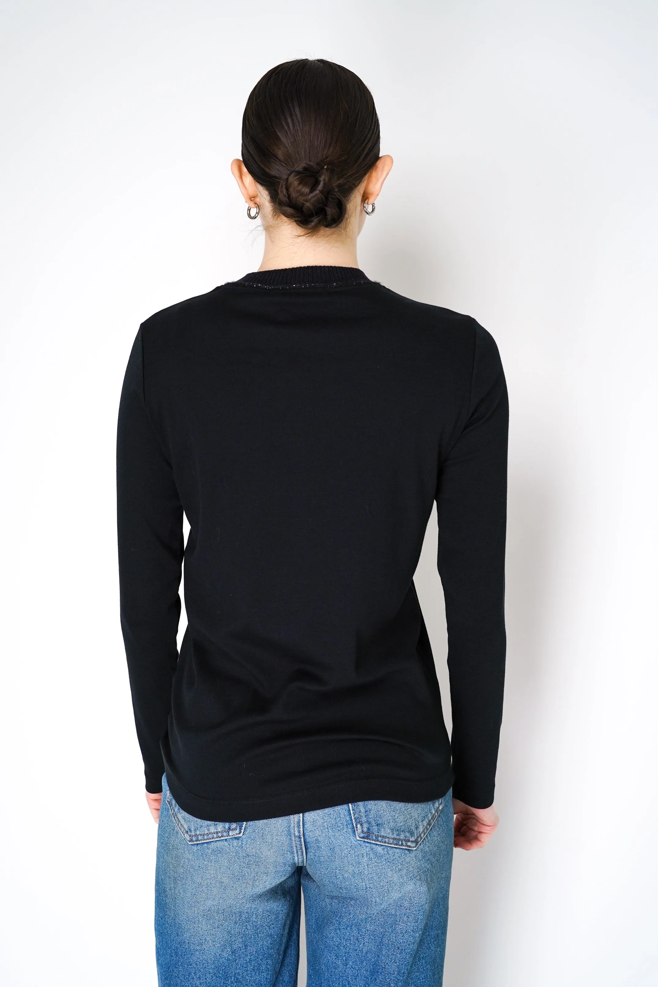Fabiana Filippi Long Sleeve Jersey Top with Knitted Crew Neck in Black